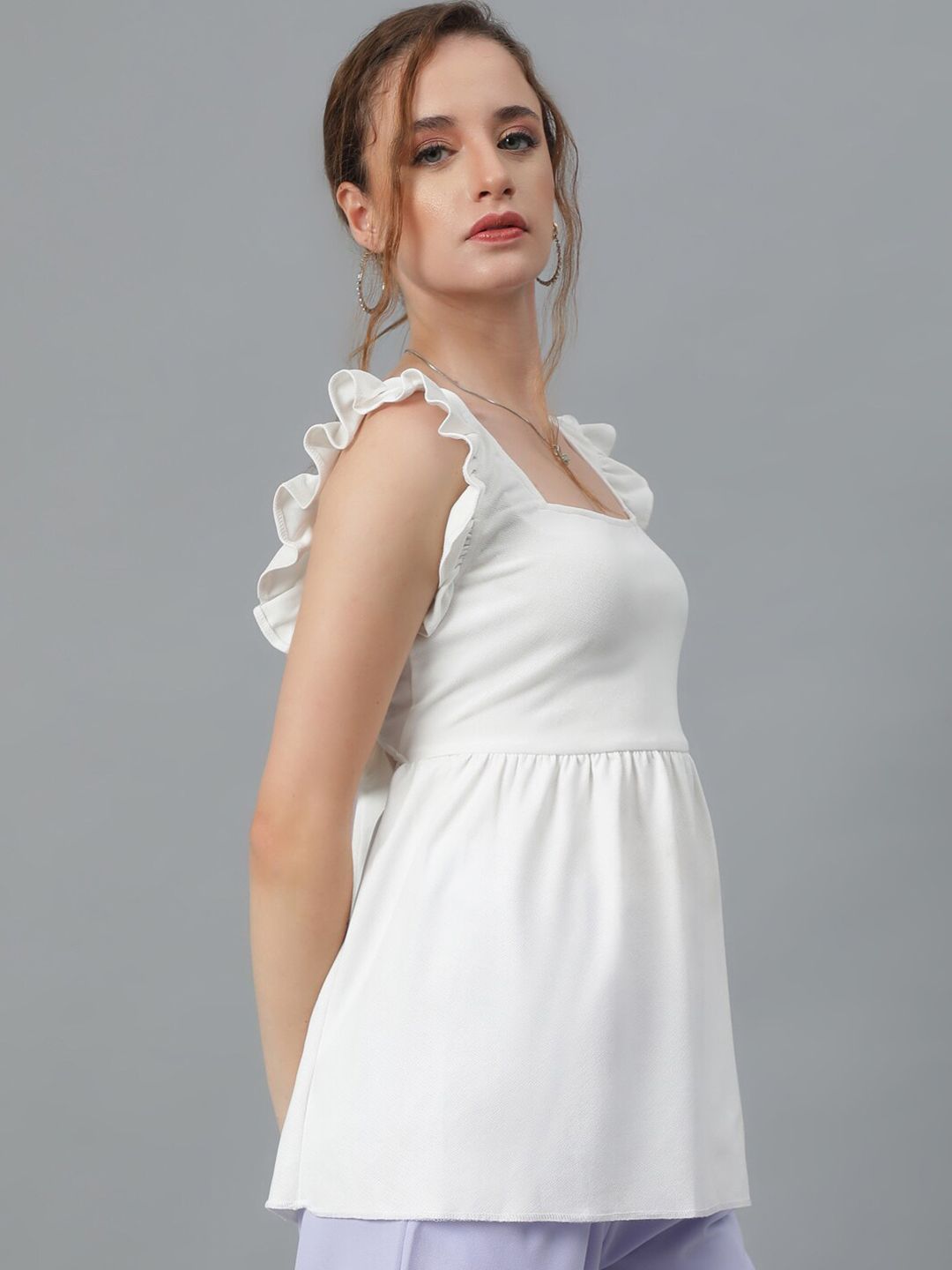 Kotty White Square Neck Flutter Sleeves A-Line Top