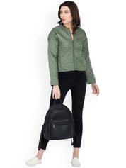 Kotty Women Olive Green Self Design Quilted Jacket