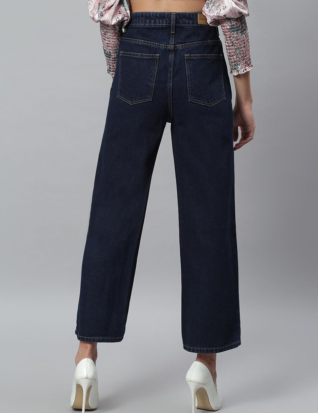 Kotty Women Navy Blue Solid Cotton High-Rise Crop Flared Jeans