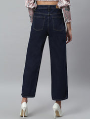 Kotty Women Navy Blue Solid Cotton High-Rise Crop Flared Jeans
