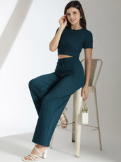 Stylecast X KOTTY Basics Teal Green Crop Top With Trousers
