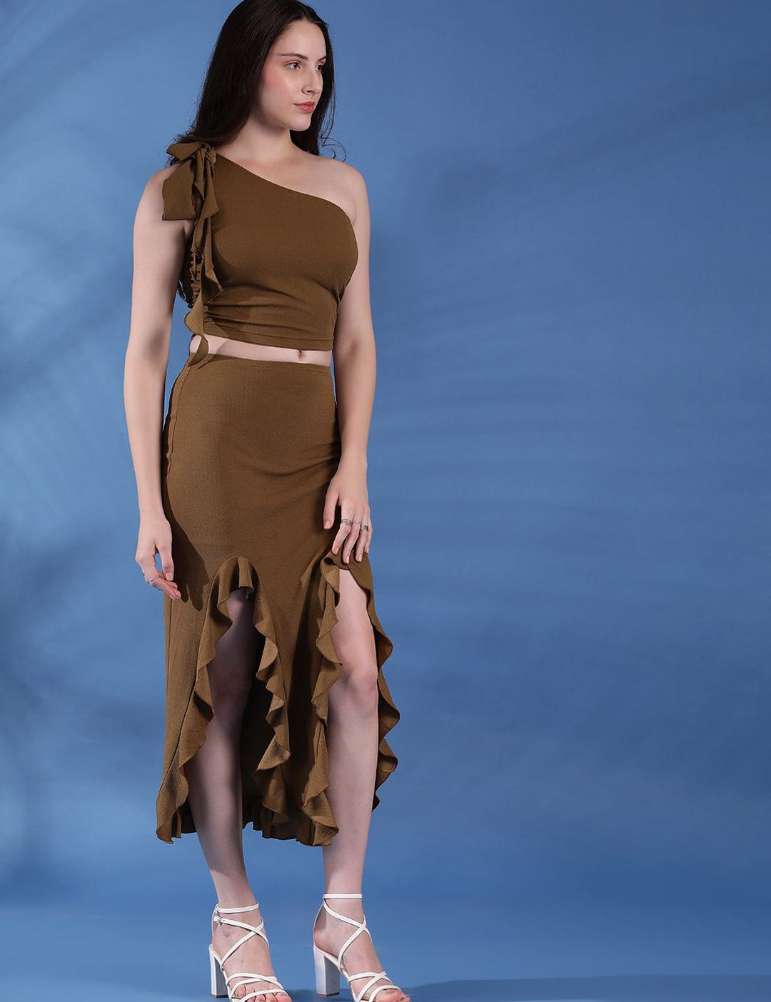 Kotty Brown One Shoulder Top With Skirt