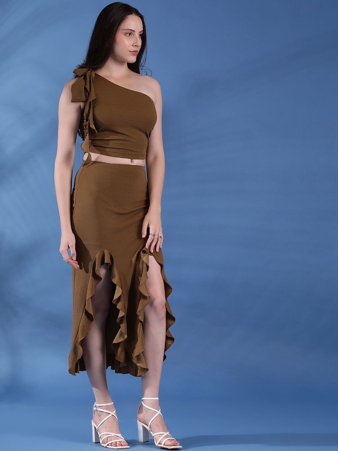 Kotty Brown One Shoulder Top With Skirt