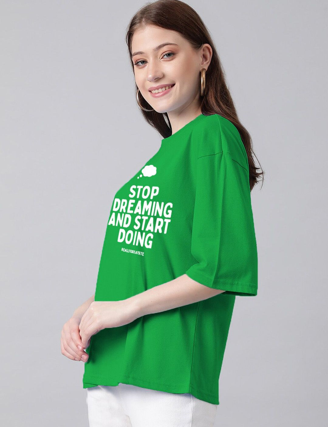 Kotty Typography Printed Round Neck Drop-Shoulder Sleeves Oversized T-shirt