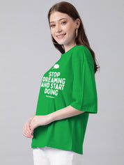 Kotty Typography Printed Round Neck Drop-Shoulder Sleeves Oversized T-shirt