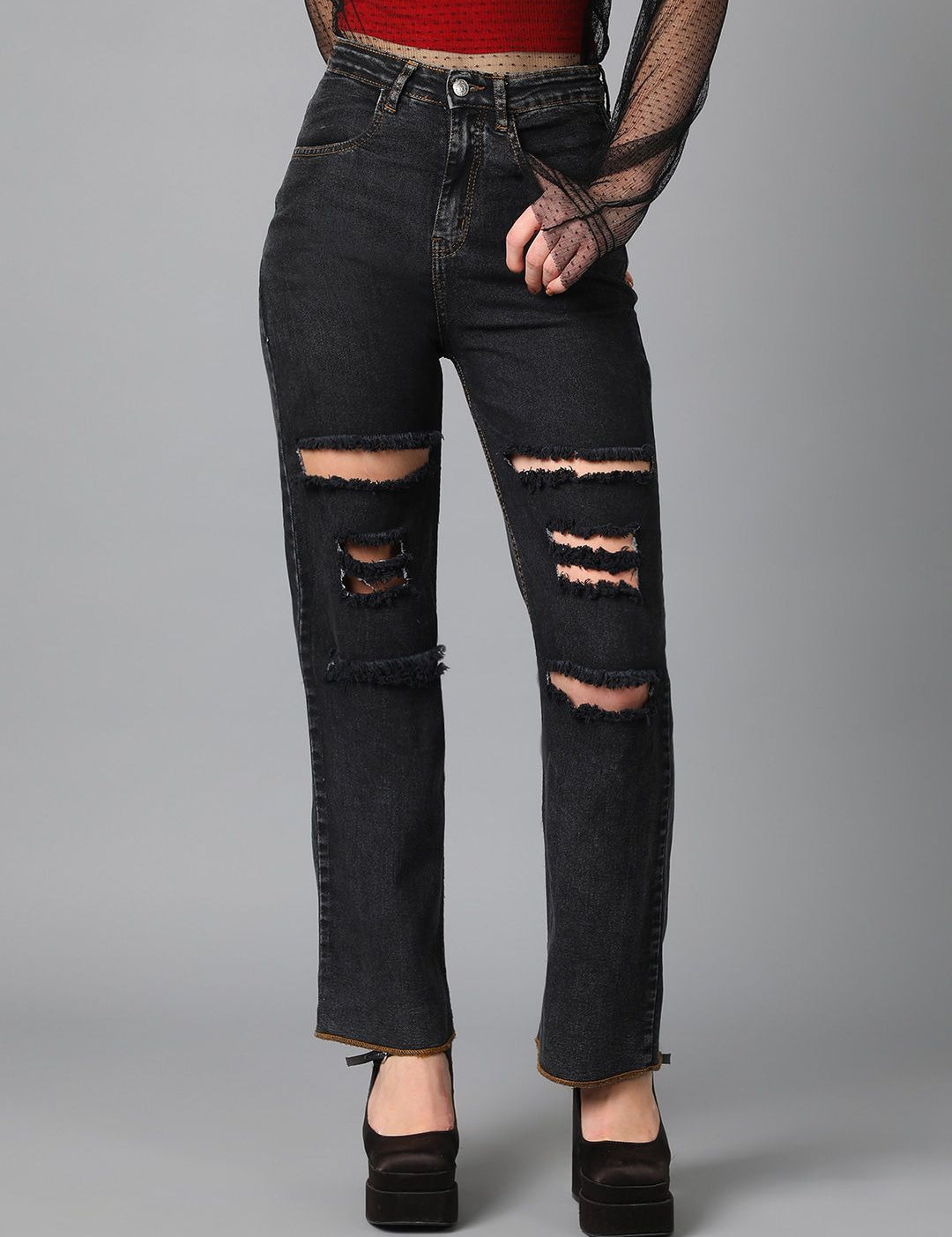 Kotty Black Women Jean Straight Fit High-Rise Mildly Distressed Stretchable Jeans