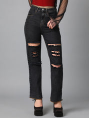 Kotty Black Women Jean Straight Fit High-Rise Mildly Distressed Stretchable Jeans