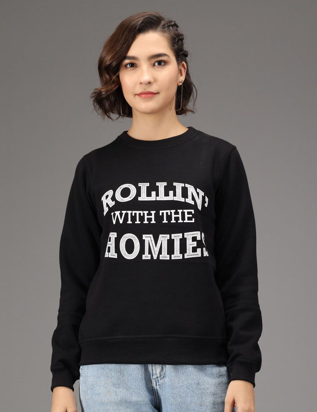 Kotty Women Black Printed Fleece Sweatshirt