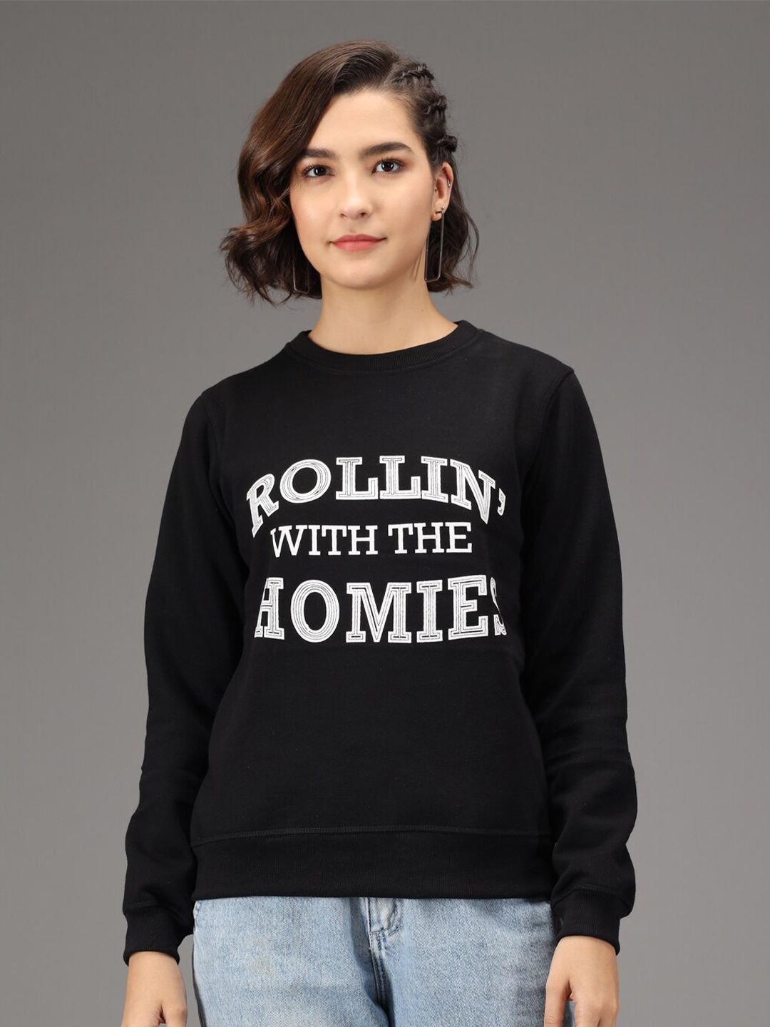 Kotty Women Black Printed Fleece Sweatshirt