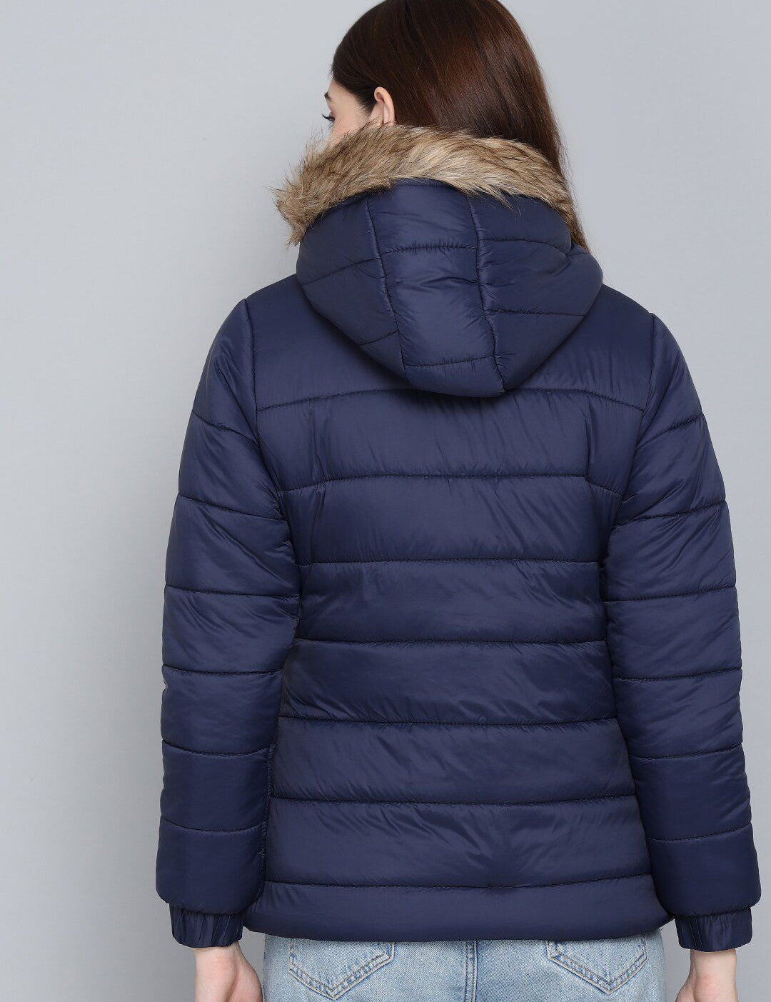 Kotty Women Blue Outdoor Hooded Faux Fur Puffer Jacket