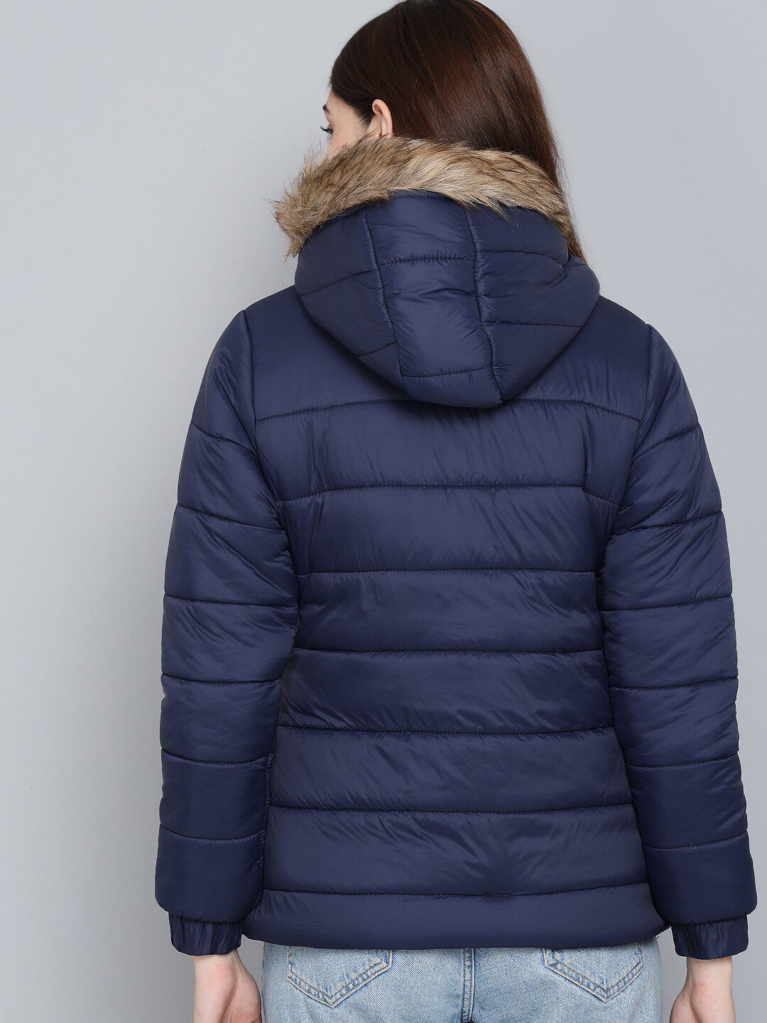 Kotty Women Blue Outdoor Hooded Faux Fur Puffer Jacket