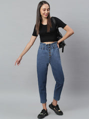 Kotty Women Navy Blue Boyfriend Fit High-Rise Cotton Clean Look Jeans