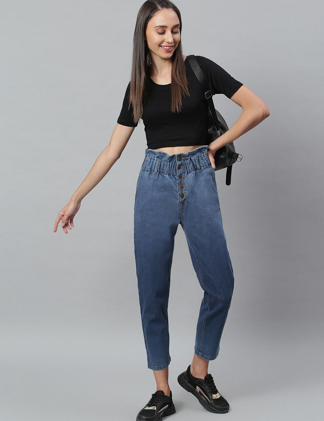 Kotty Women Navy Blue Boyfriend Fit High-Rise Cotton Clean Look Jeans