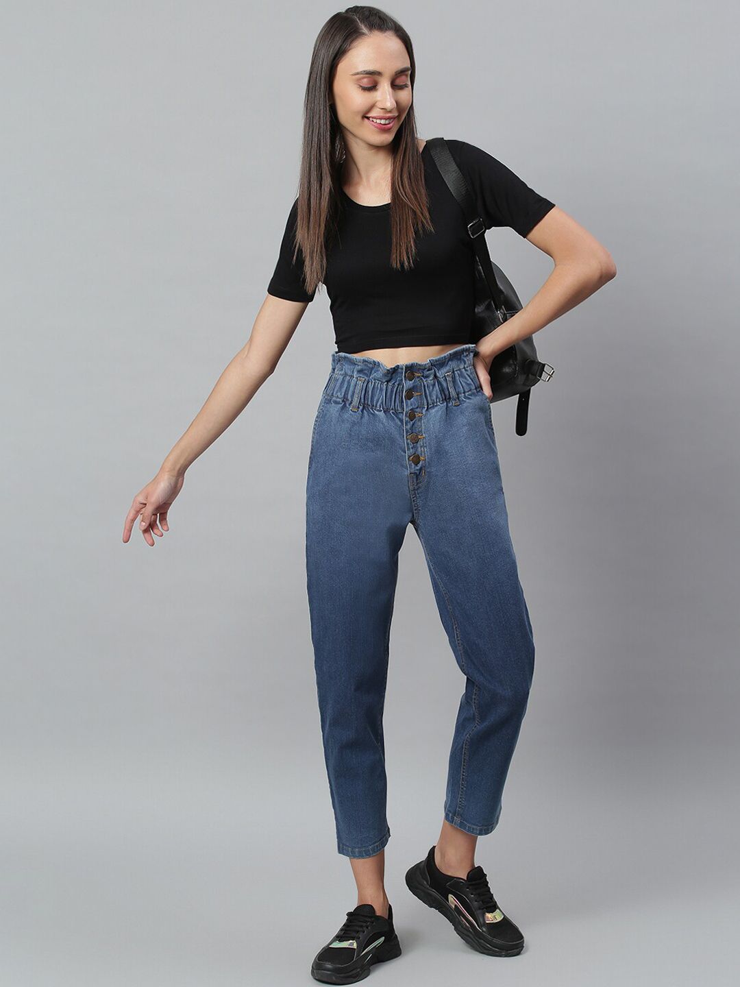 Kotty Women Navy Blue Boyfriend Fit High-Rise Cotton Clean Look Jeans