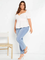 KOTTY Women Plus Size Sweetheart Neck Puff Sleeve Peplum Top