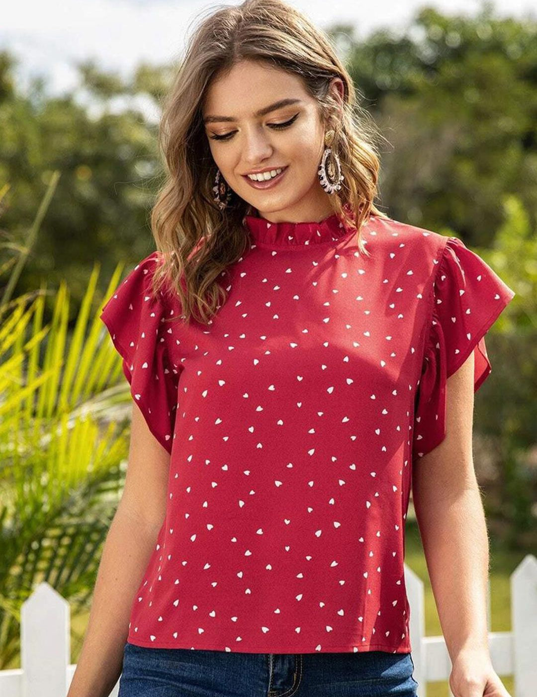 Kotty Red Conversational Printed High Neck Flutter Sleeve Regular Top