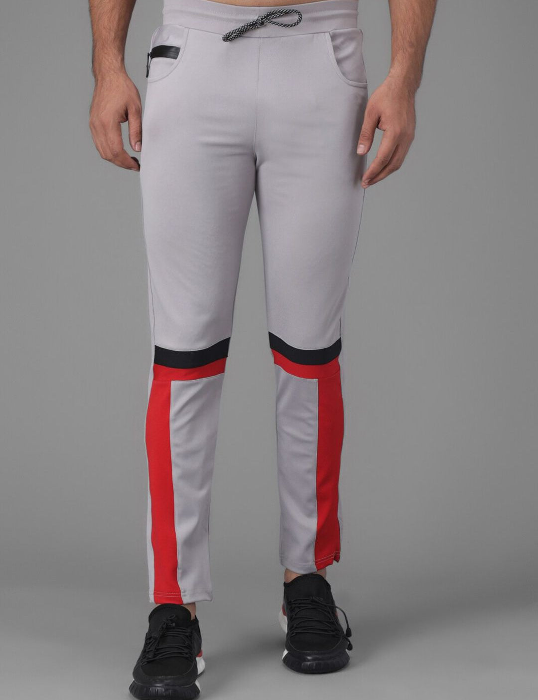Kotty Men Grey & Red Colourblocked Straight Fit Track Pants