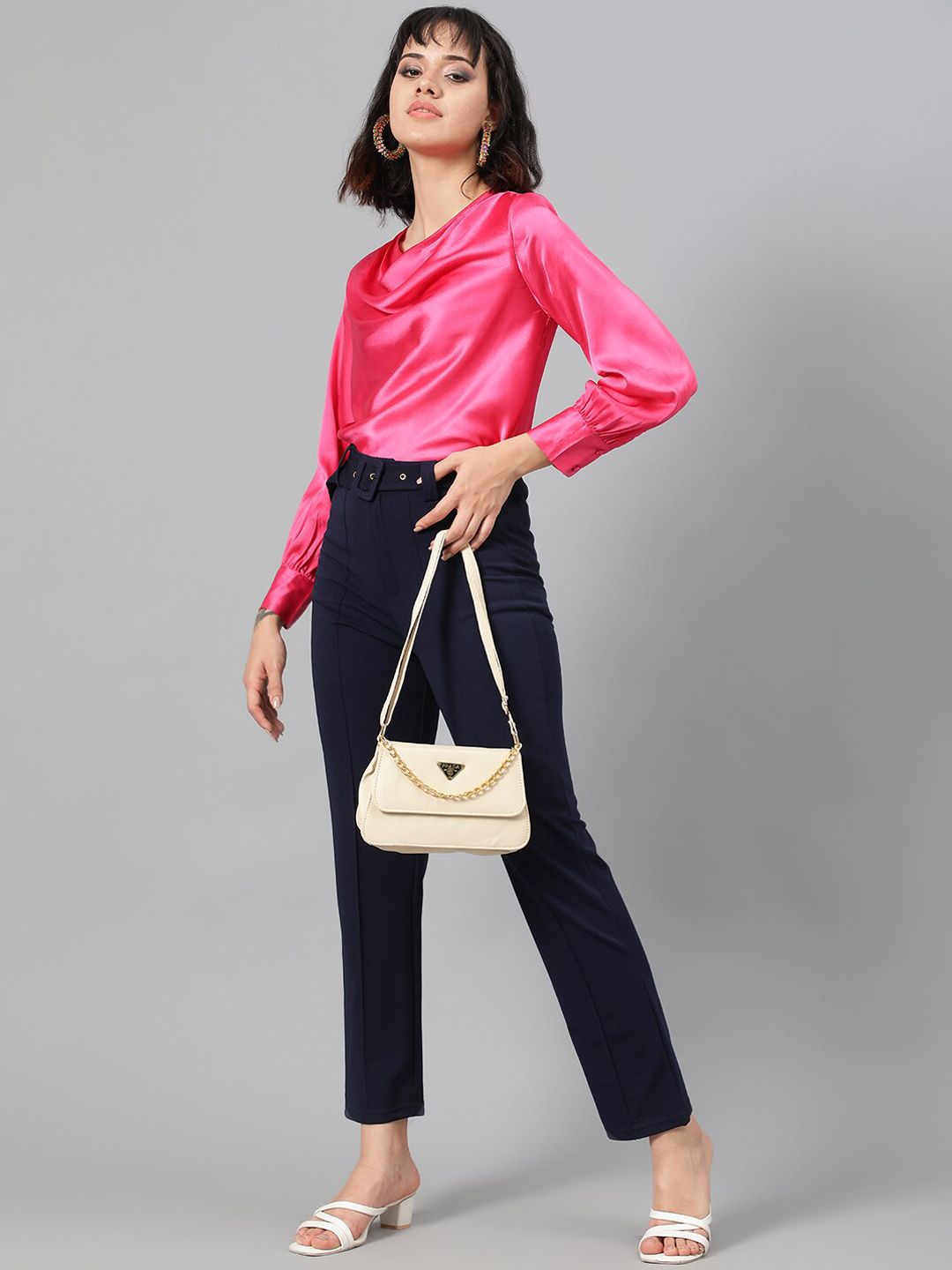 Kotty Women Navy Blue Relaxed Straight Leg Fit High-Rise Easy Wash Trousers