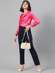 Kotty Women Navy Blue Relaxed Straight Leg Fit High-Rise Easy Wash Trousers