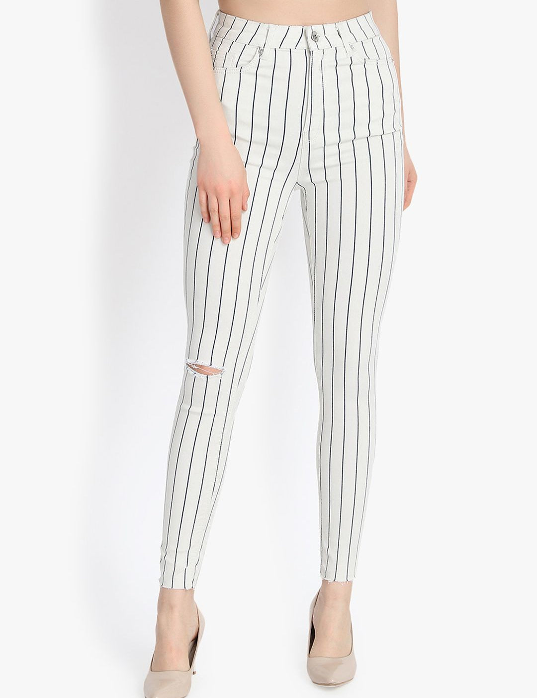 Kotty Women White Striped Skinny Fit High-Rise Slash Knee Jeans