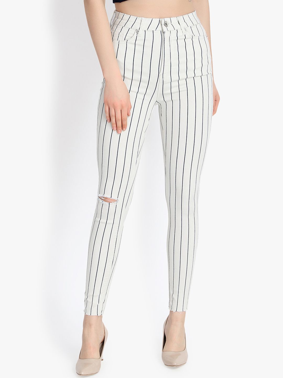 Kotty Women White Striped Skinny Fit High-Rise Slash Knee Jeans