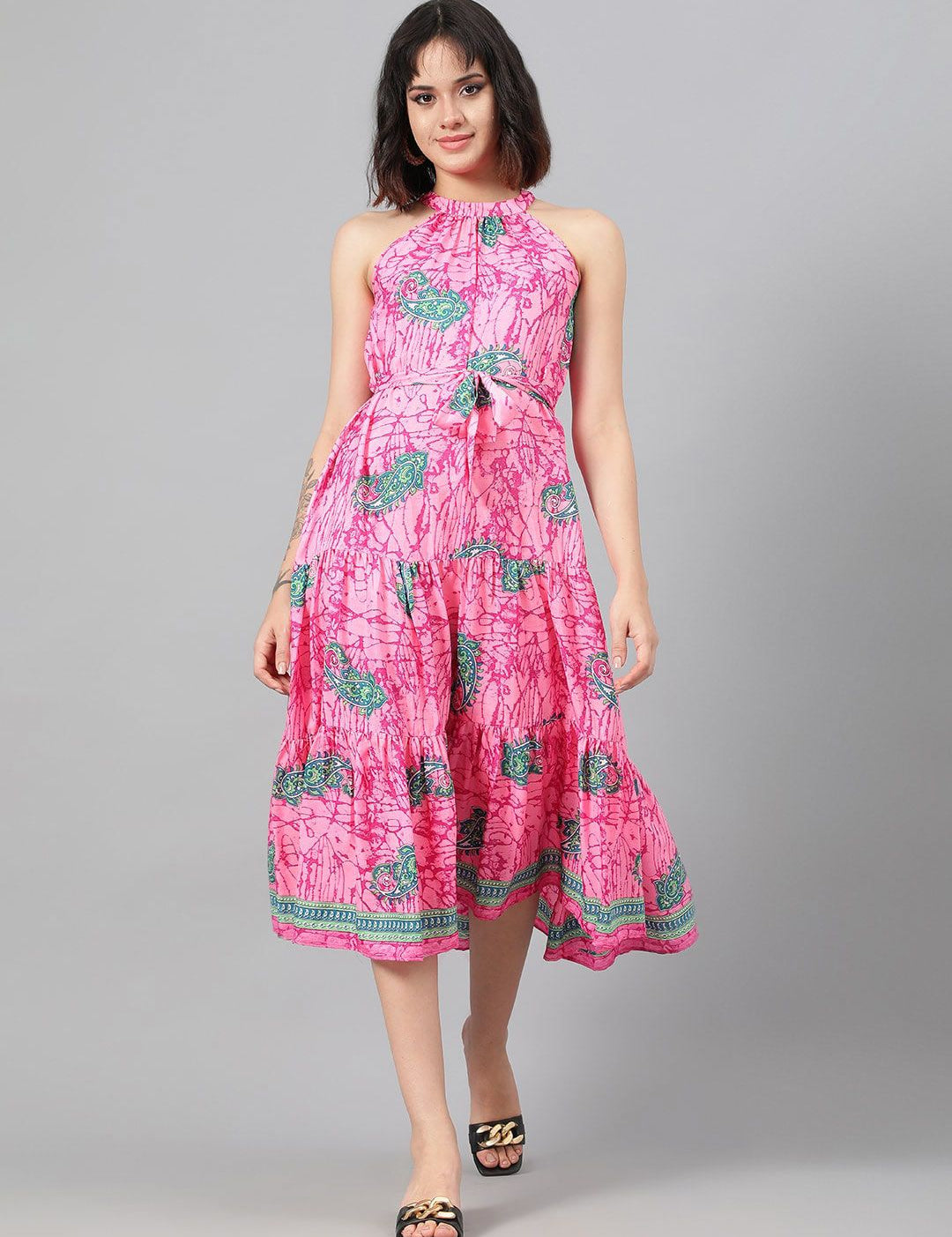 Kotty Pink Ethnic Motif Printed Tiered Fit & Flare Midi Dress With Belt