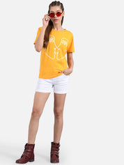 Kotty Women Yellow &White Printed Round Neck T-shirt