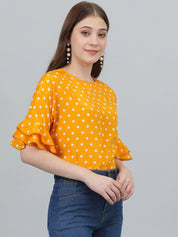 Kotty Yellow Polka Dot Print Flared Sleeve Satin Top