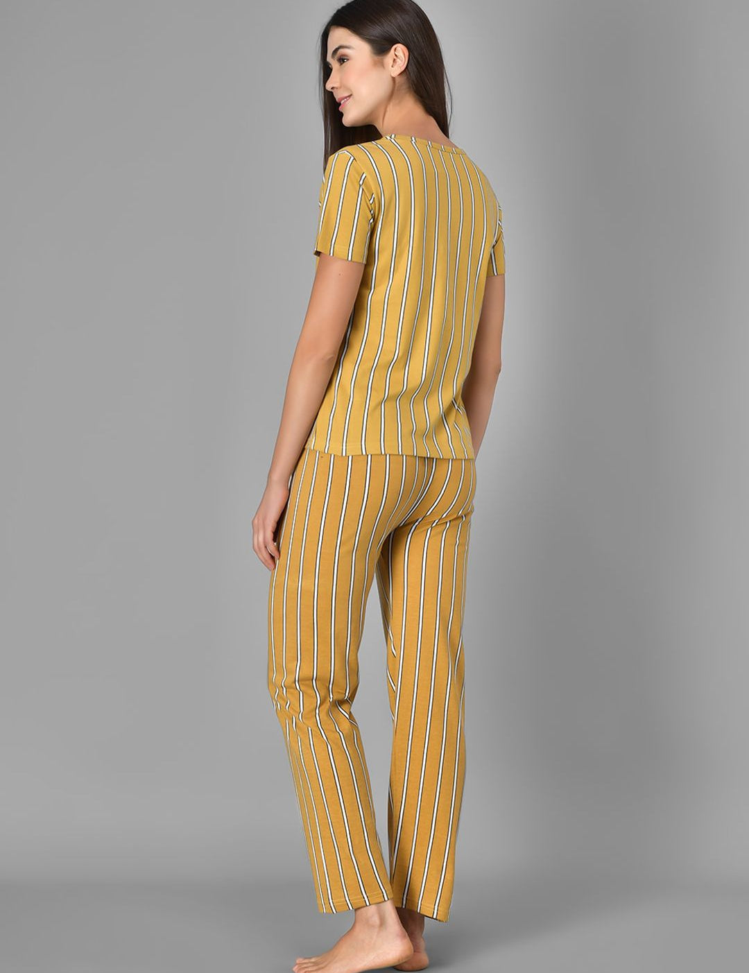 Kotty Women Yellow & White Striped Night Suit