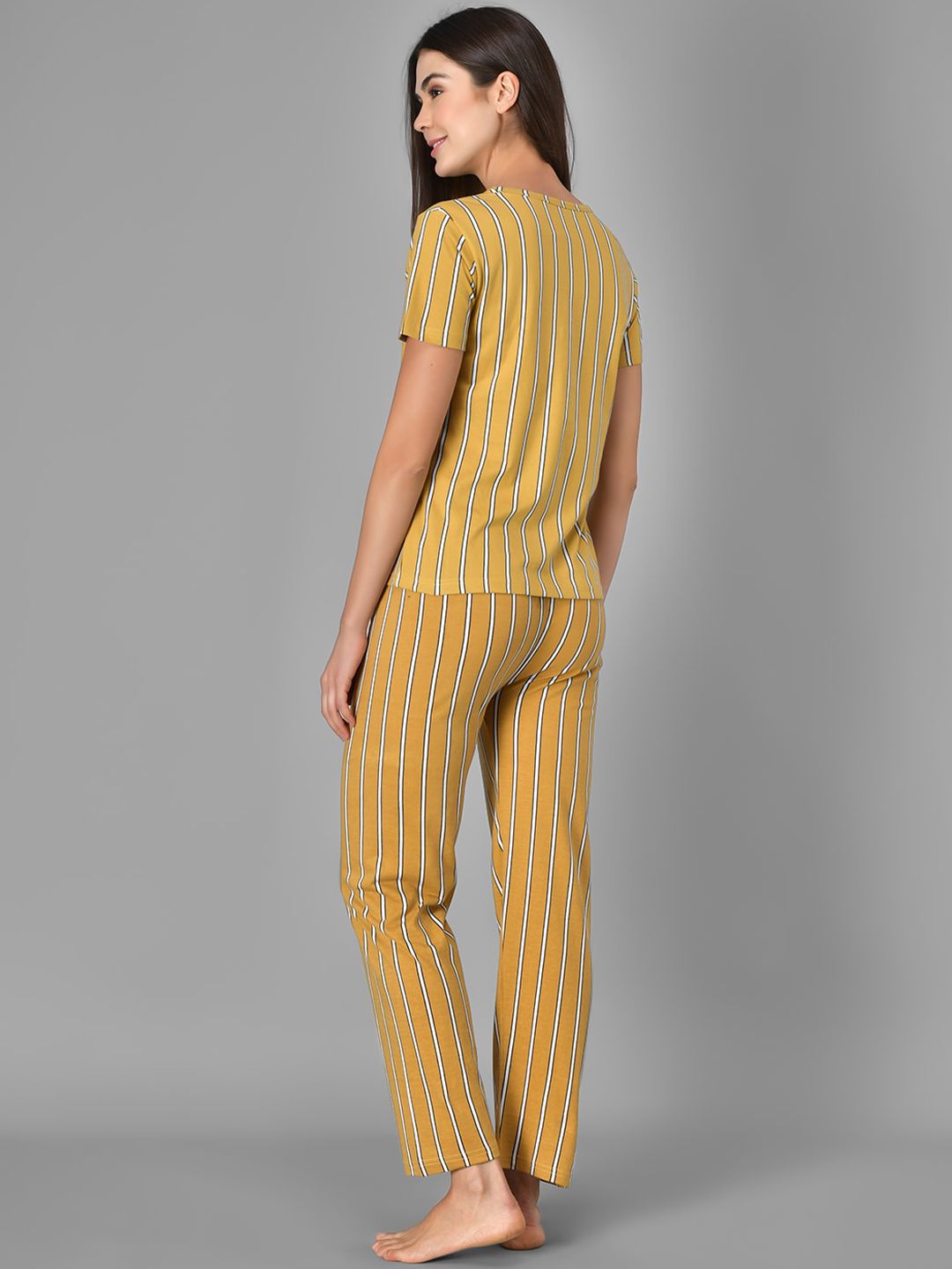 Kotty Women Yellow & White Striped Night Suit