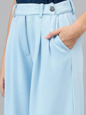 Kotty Women Blue Relaxed Straight Leg Straight Fit Easy Wash Pleated Trousers