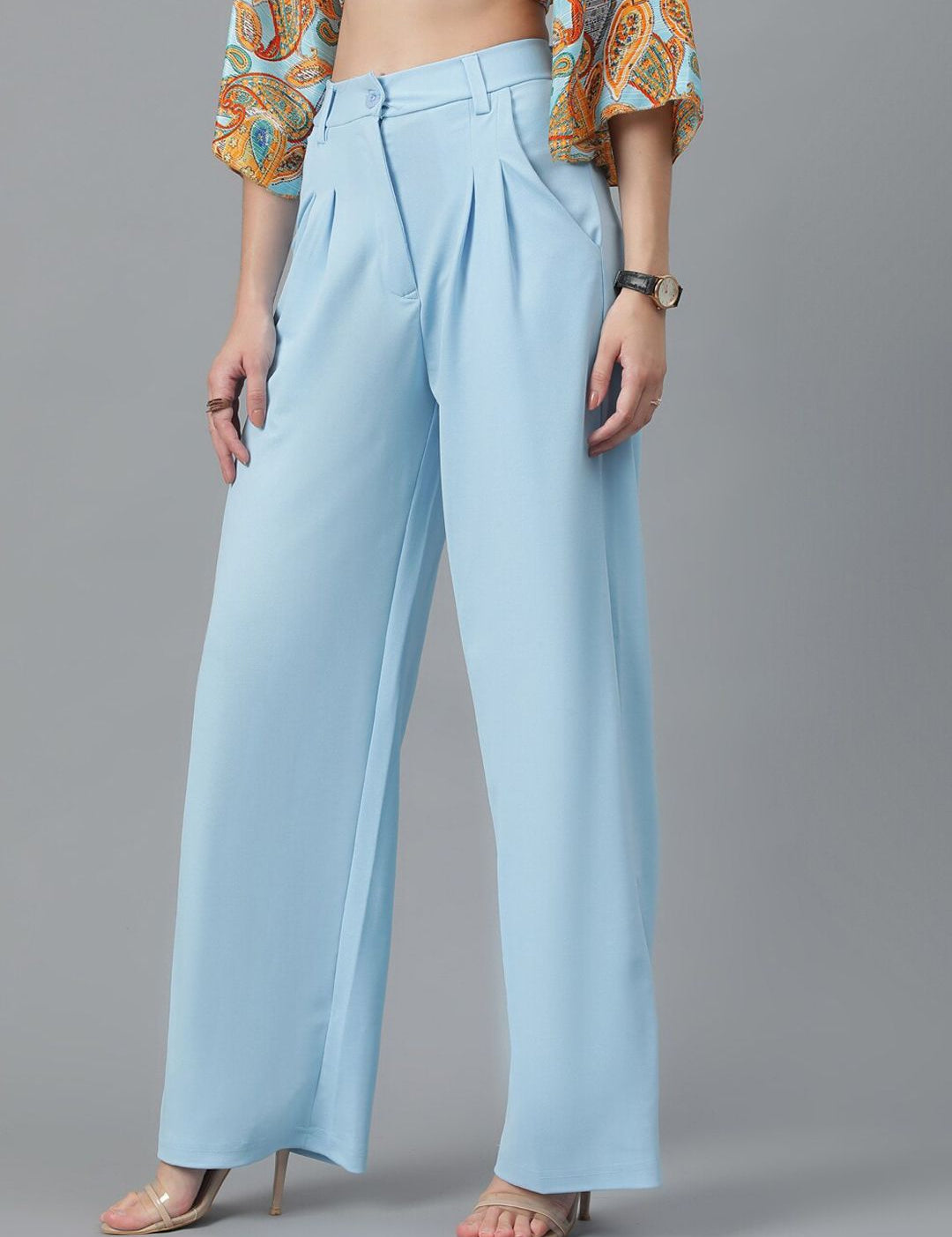 KOTTY BIZwear Women Blue Relaxed Straight Leg High-Rise Easy Wash Parallel Trousers