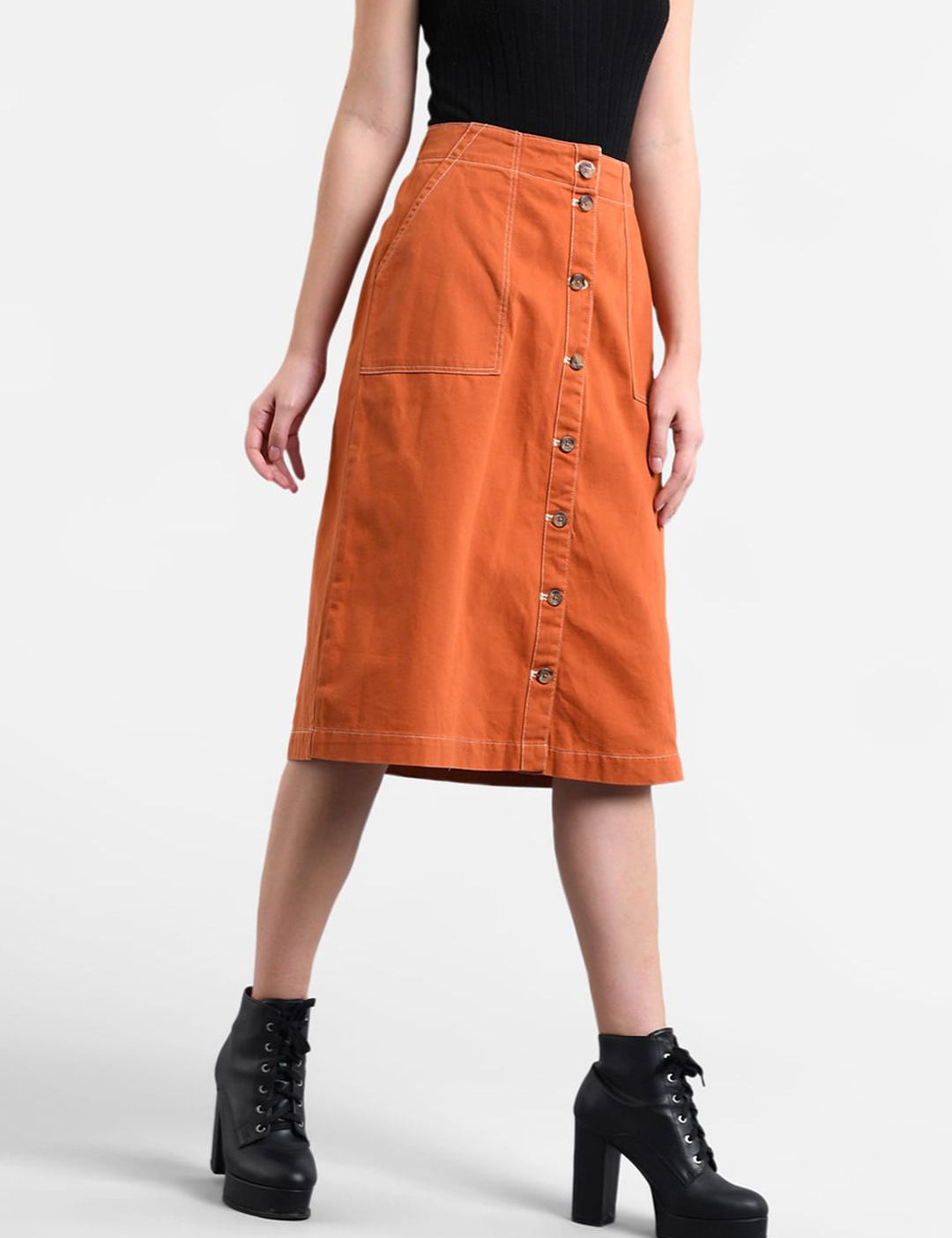 Kotty Women Orange Solid Denim A-Line Skirt