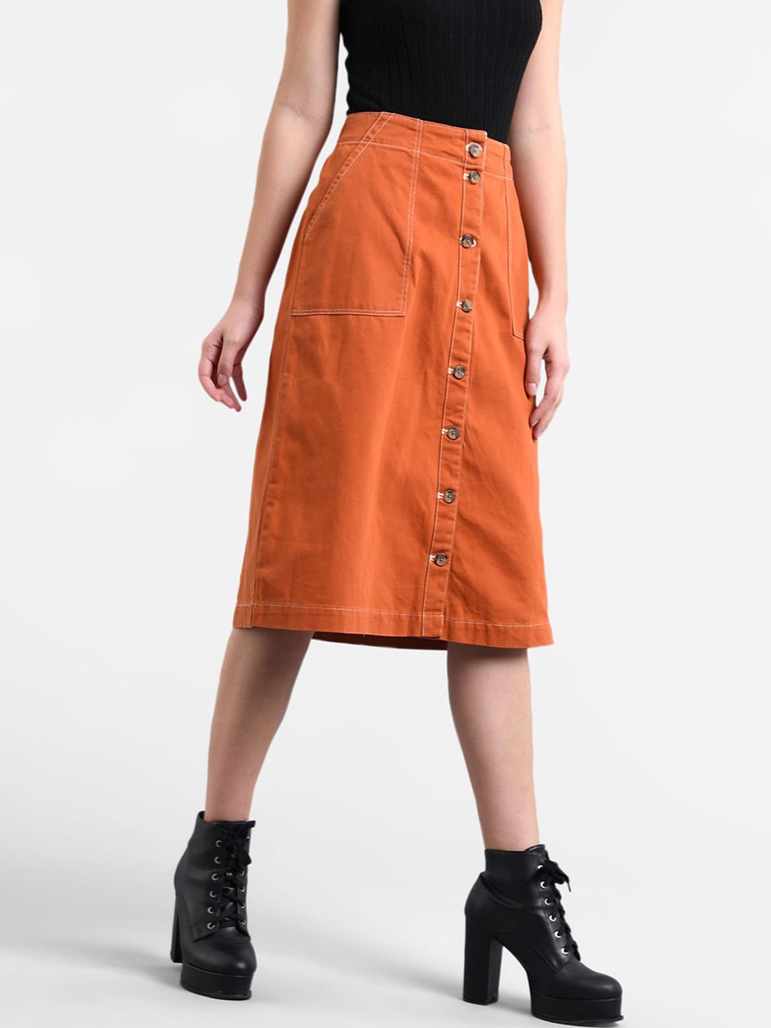 Kotty Women Orange Solid Denim A-Line Skirt