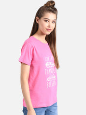 Kotty Women Pink & White Printed Round Neck T-shirt