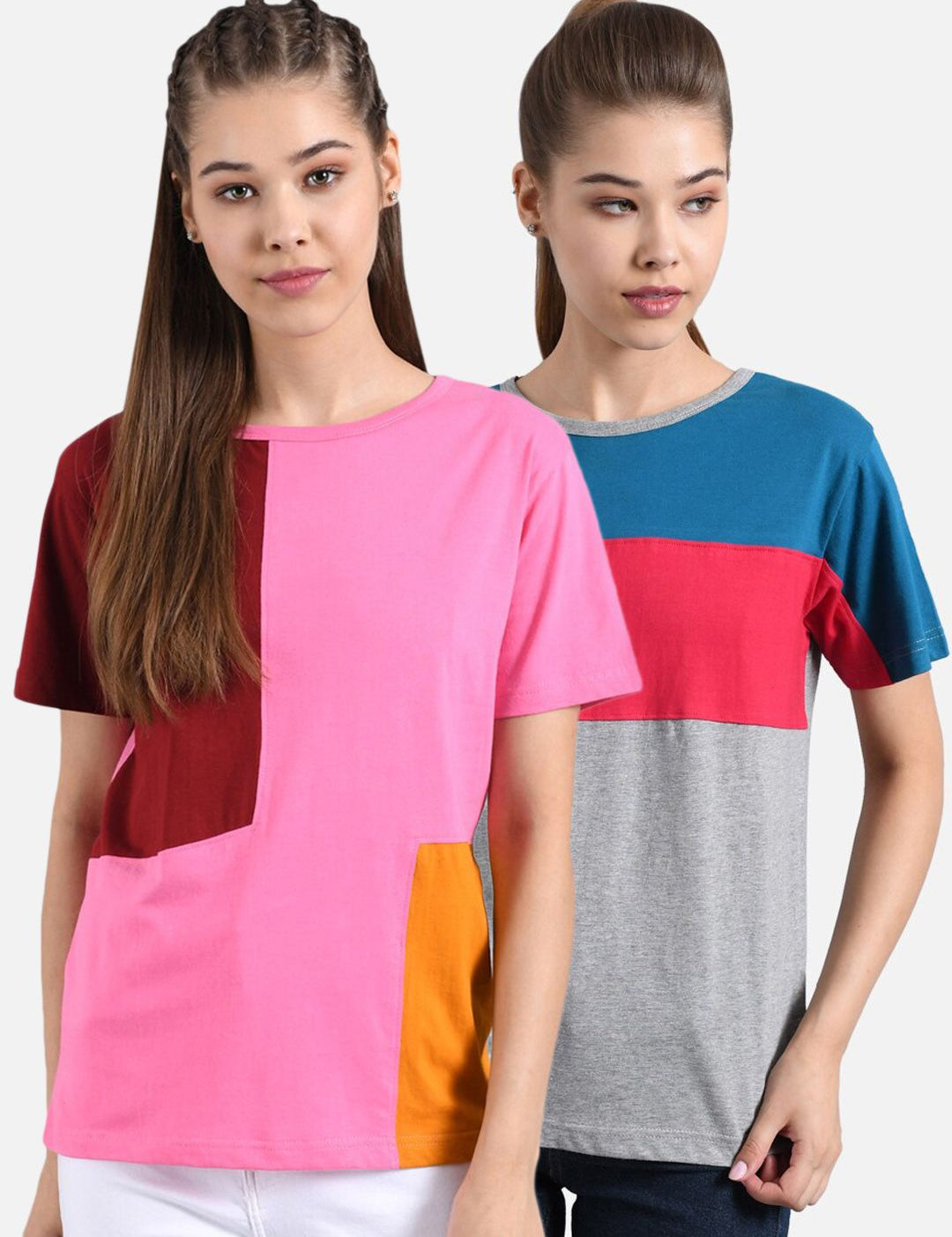 Kotty Women Pack of 2 Colourblocked Round Neck Pure Cotton T-shirts