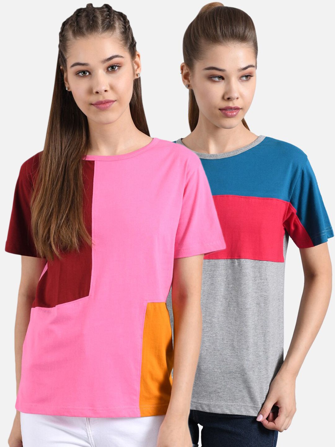 Kotty Women Pack of 2 Colourblocked Round Neck Pure Cotton T-shirts