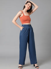 Kotty Women Navy Blue Relaxed Straight Leg High-Rise Easy Wash Pleated Trousers