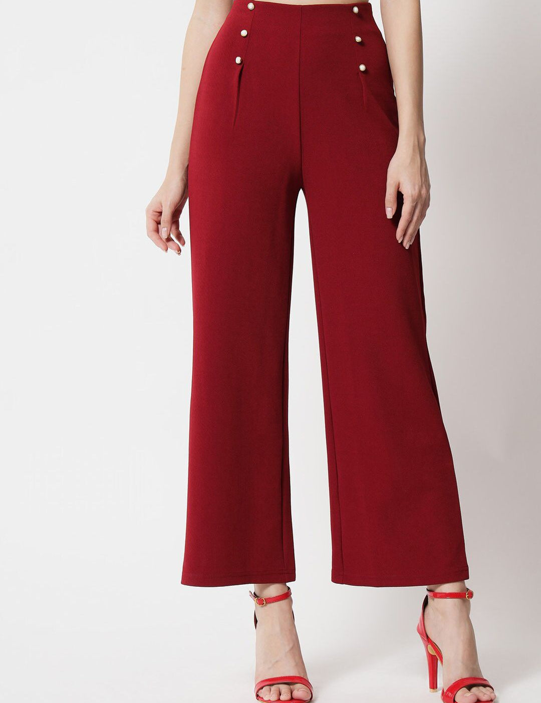 Kotty Women Maroon Relaxed Straight Fit High-Rise Easy Wash Trousers
