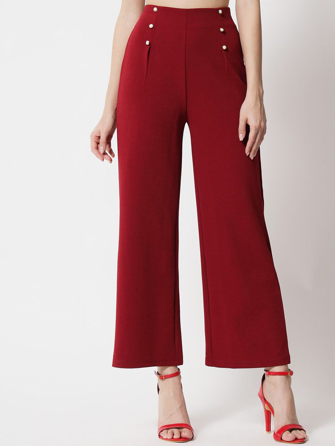 Kotty Women Maroon Relaxed Straight Fit High-Rise Easy Wash Trousers