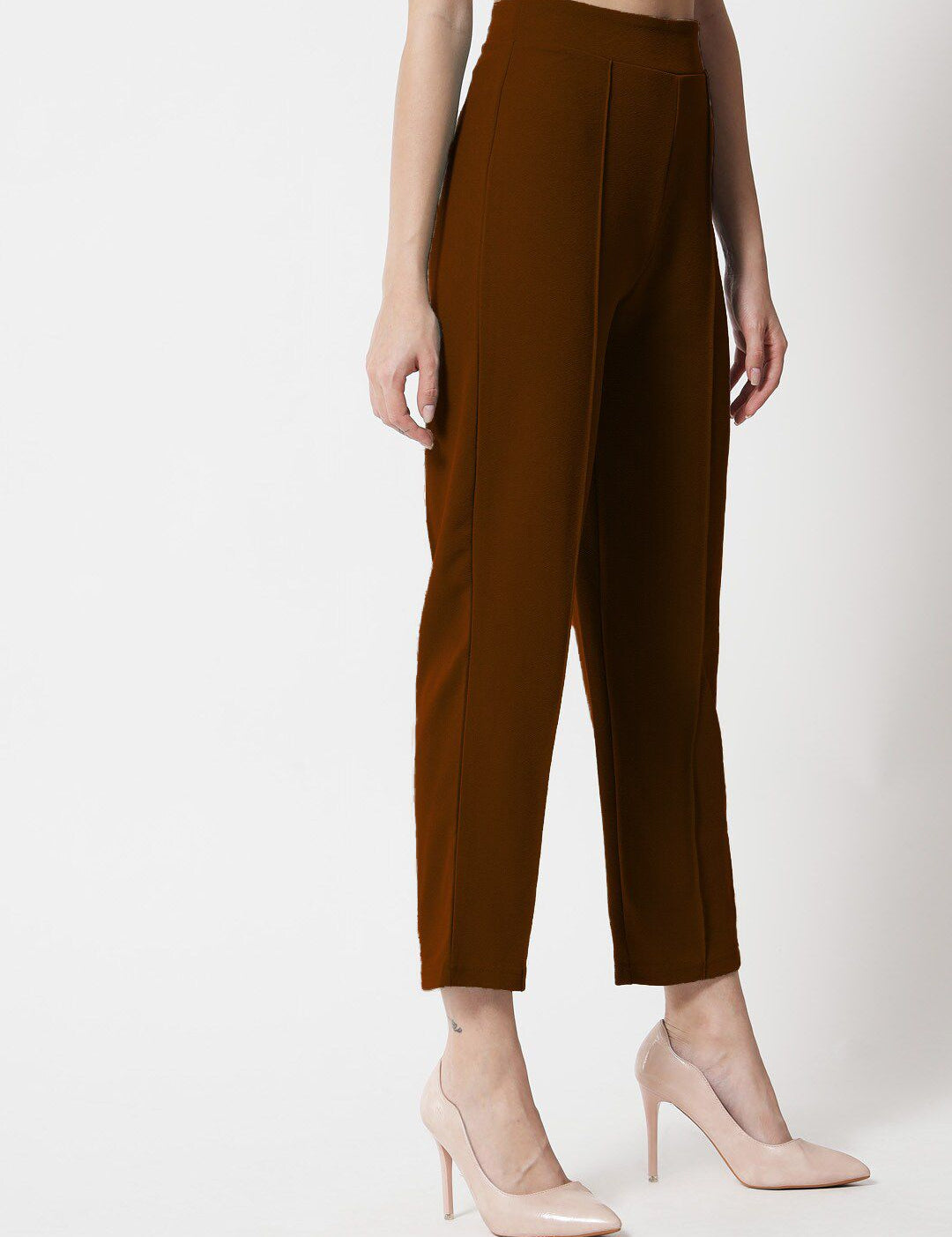Kotty Women Brown Comfort Straight Fit High-Rise Easy Wash Trousers