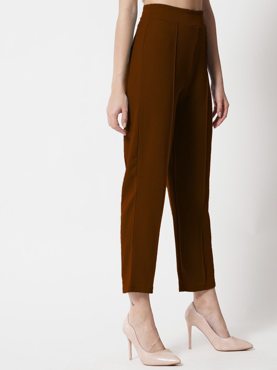 Kotty Women Brown Comfort Straight Fit High-Rise Easy Wash Trousers