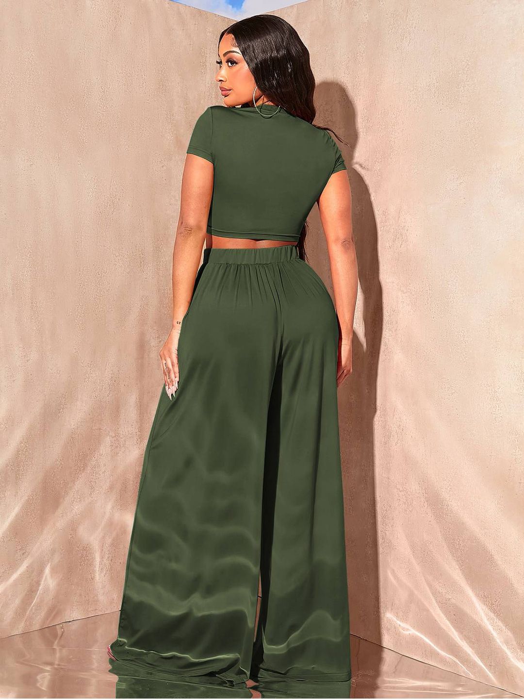 Kotty Olive Green Round Top With Palazzo