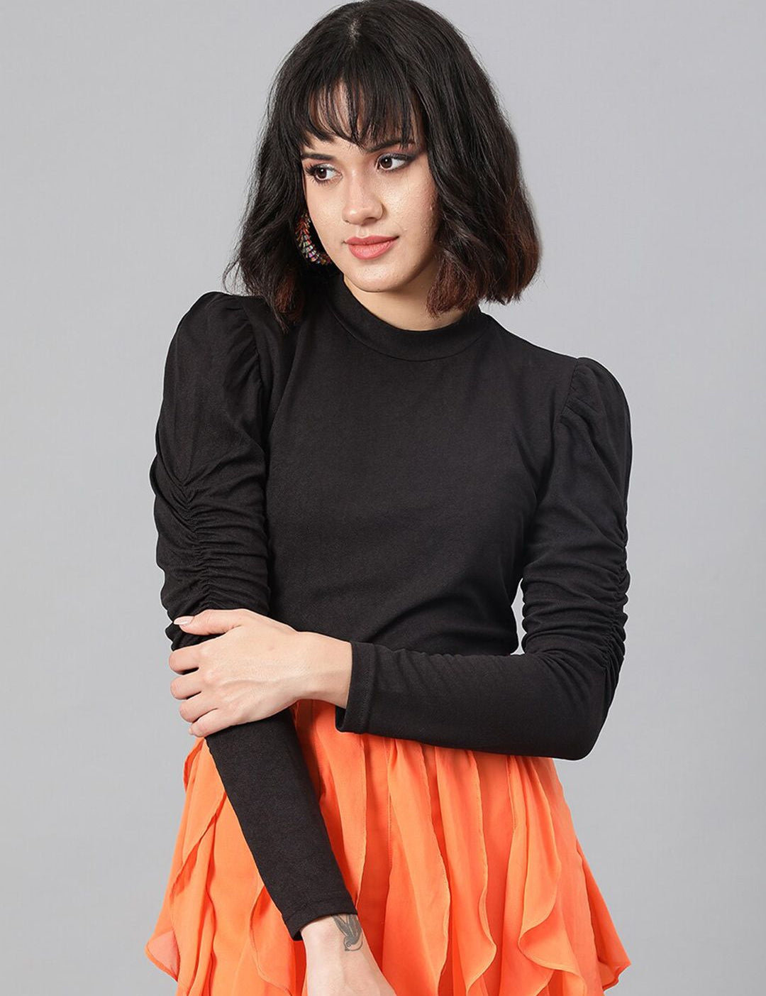 Kotty Black High Neck Puff Sleeve Top