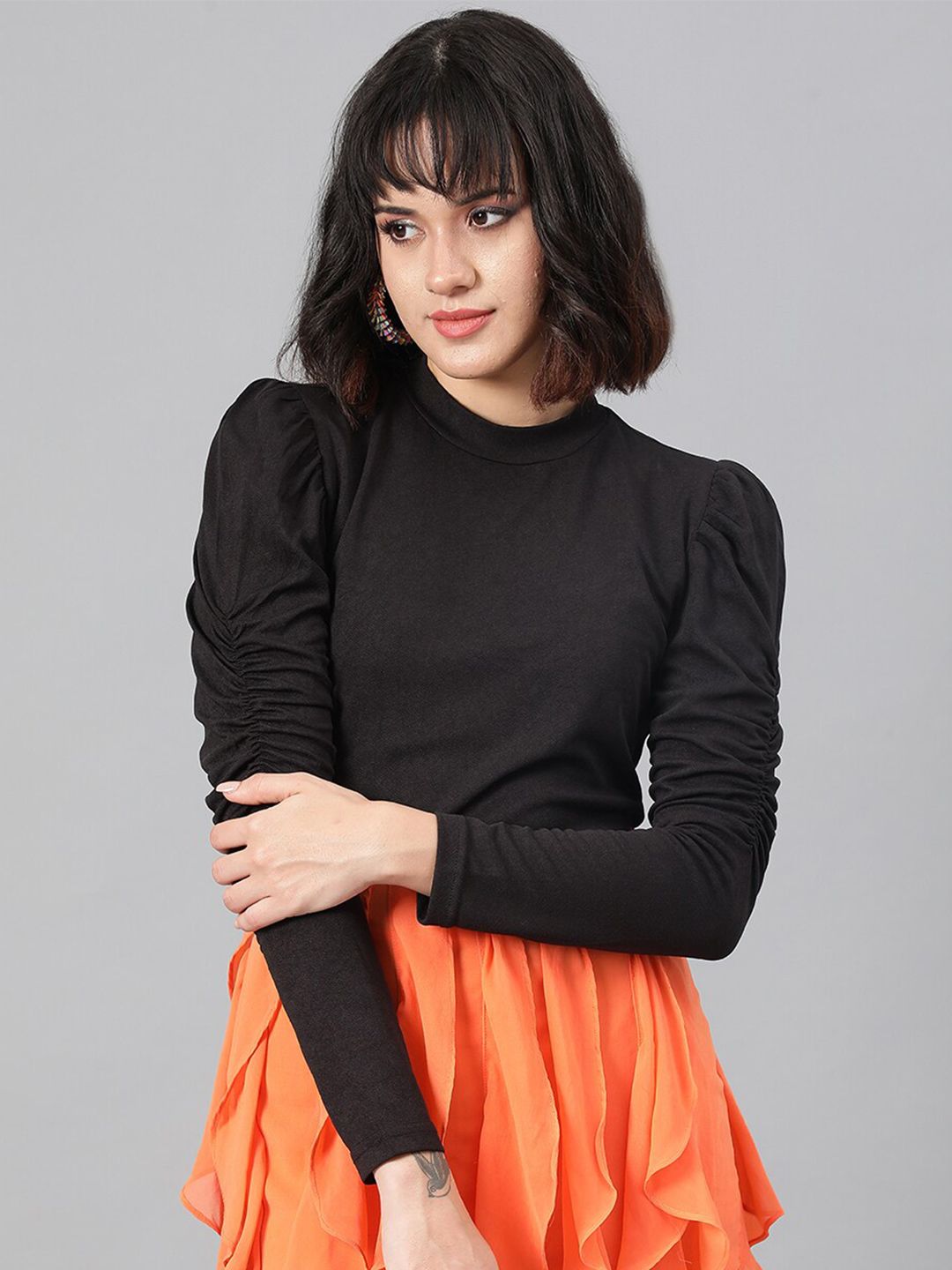 Kotty Black High Neck Puff Sleeve Top