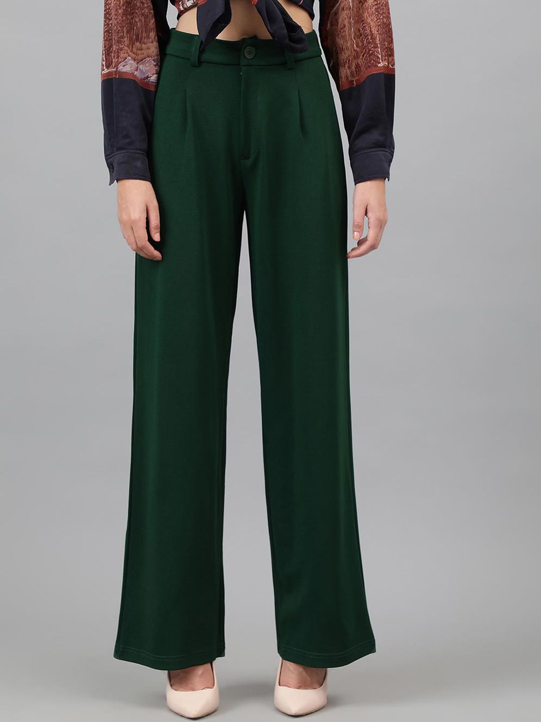 KOTTY BIZwear Women Green Relaxed Straight Leg Straight Fit High-Rise Easy Wash Pleated Trousers