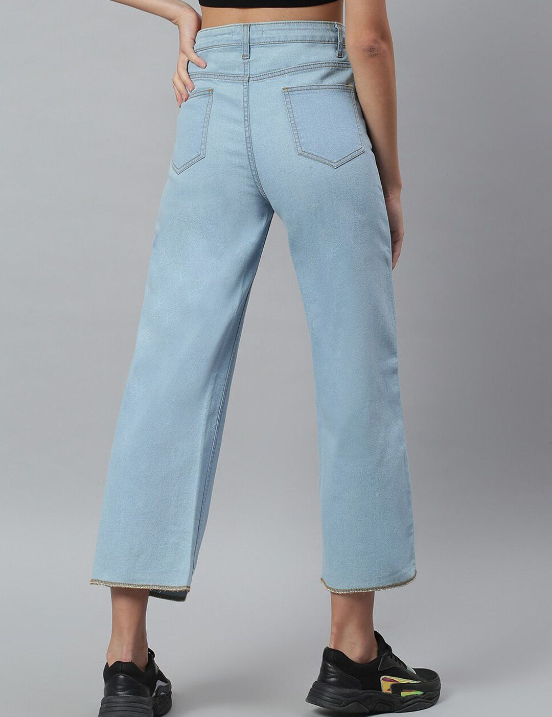 Kotty Women Blue Solid Cotton High Rise Crop Flared Jeans