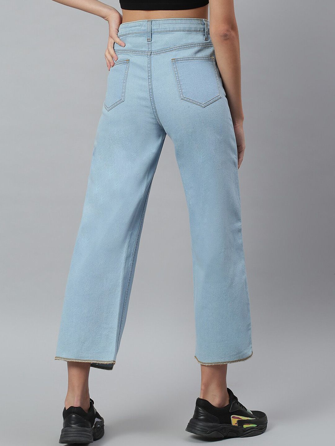 Kotty Women Blue Solid Cotton High Rise Crop Flared Jeans