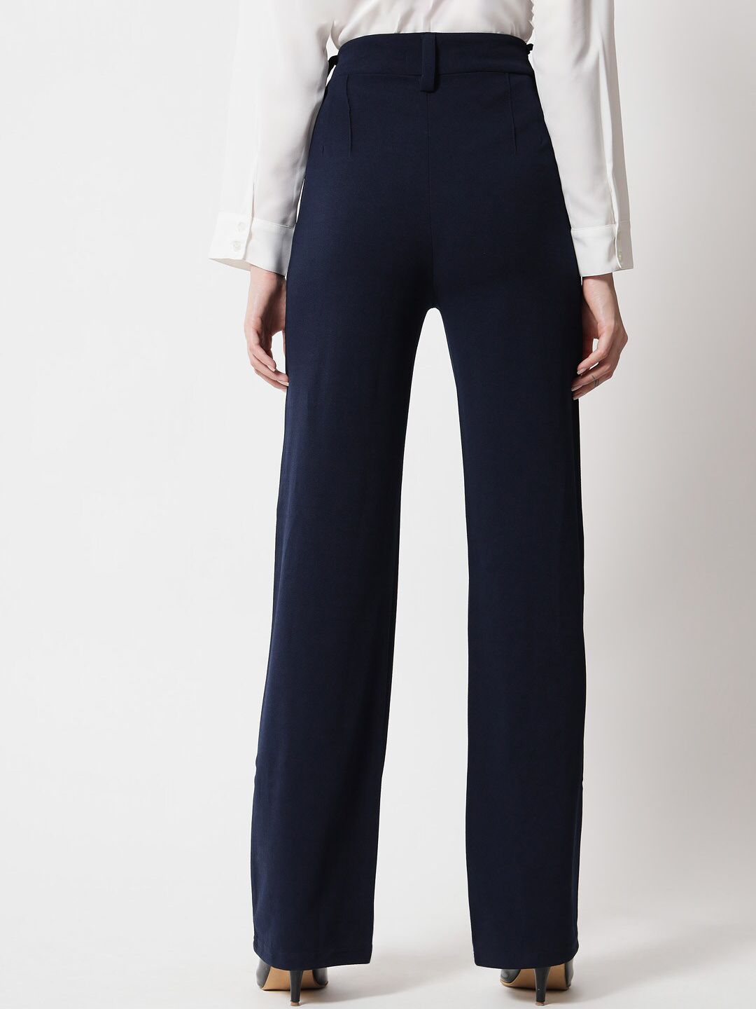 KOTTY BIZwear Women Navy Blue Relaxed Straight Fit High-Rise Pleated Trouser