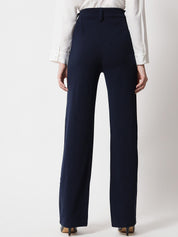 KOTTY BIZwear Women Navy Blue Relaxed Straight Fit High-Rise Pleated Trouser
